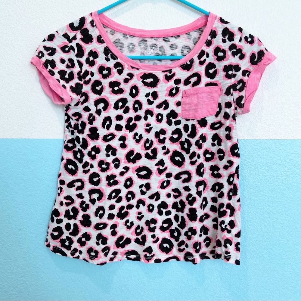 Justice Neon Pink Black & White Leopard Print Tee